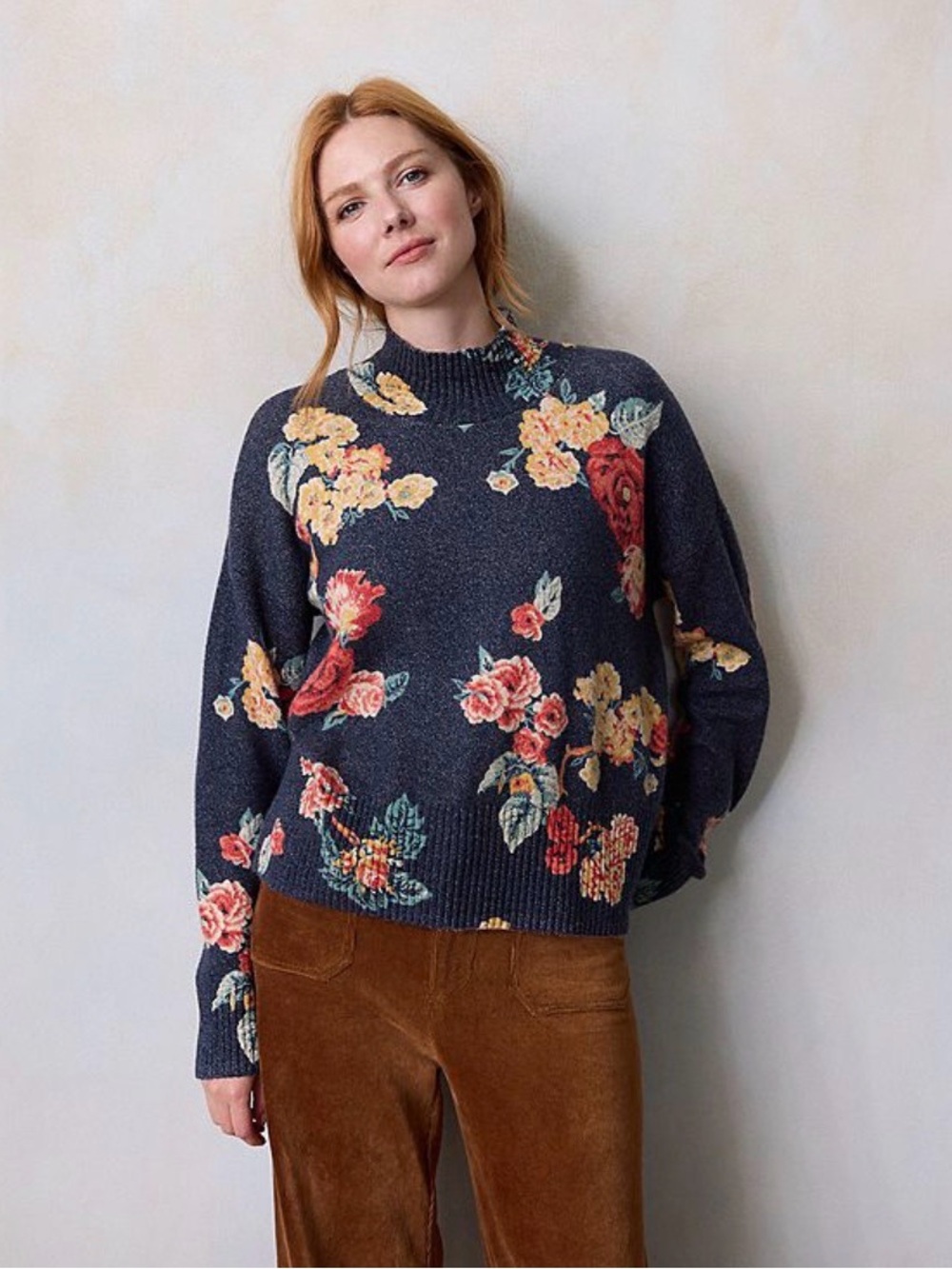 LC Lauren Conrad Navy Blue Floral Mock Neck Sweater